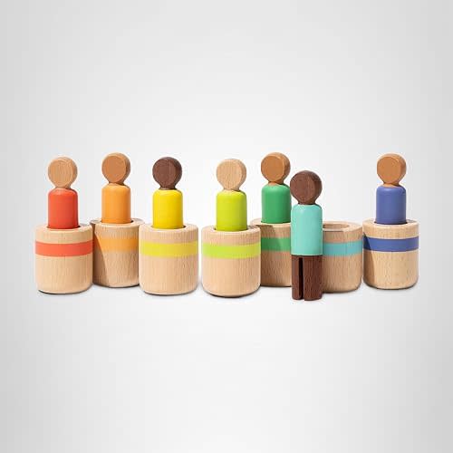 Lovevery Post & Play Peg People Baby Toy, 7 Wooden Peg Doll Practice Color Matching, Stacking, and Balancing, Ages 13 Months +