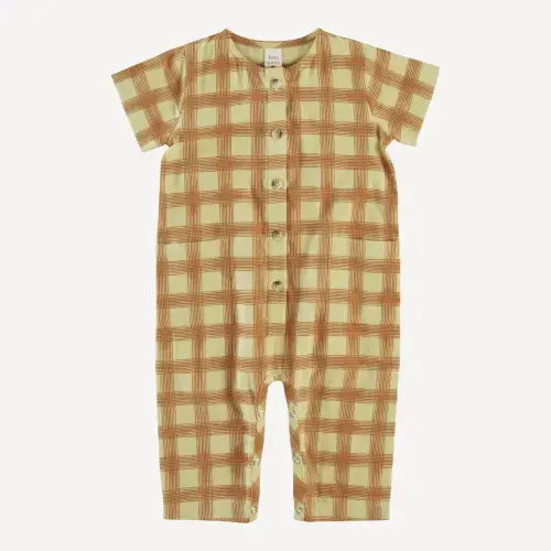 short sleeve button down pocket jumpsuit | brown plaid | organic cotton gauze