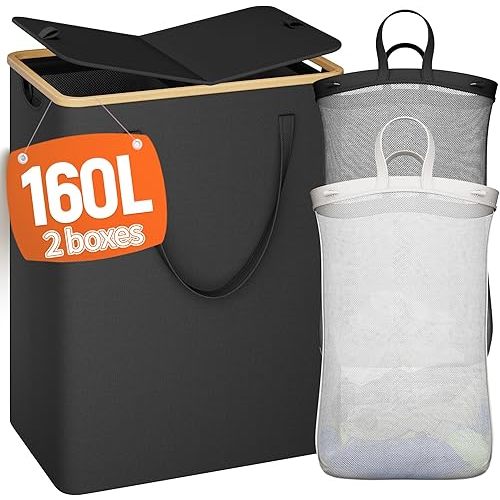160L Double Laundry Hamper with Lid 2 Section, Large Bamboo Laundry Basket with 2 Removable Bags, Clothes Hampers for Laundry for Bedroom, Bathroom, Dorm, Laundry Room, Black