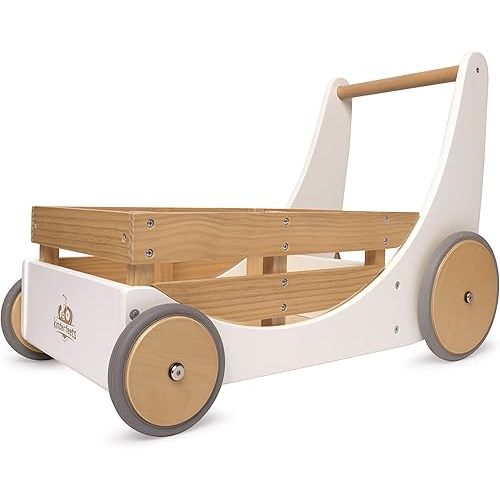 Kinderfeets 2-in-1 Wooden Cargo Walker Cart Wagon with Adjustable Rubber Wheels and Removable Basket for Children and Toddlers (White)