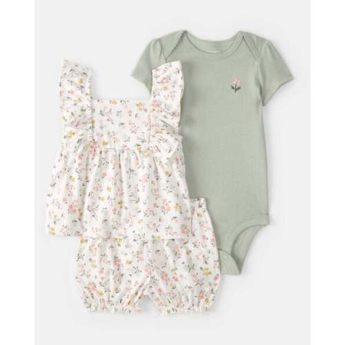 Baby Girl 3-Piece Floral Outfit Set (White/Green) - 6 month
