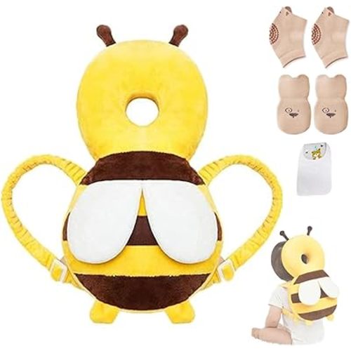 Baby Head Protector Backpack, Toddler Baby Head Protection Backpack with Baby Knee Pads Alarm Function for Walking & Crawling, Soft, Breathable and Wearing Safety Baby Head Protector - Yellow Bee