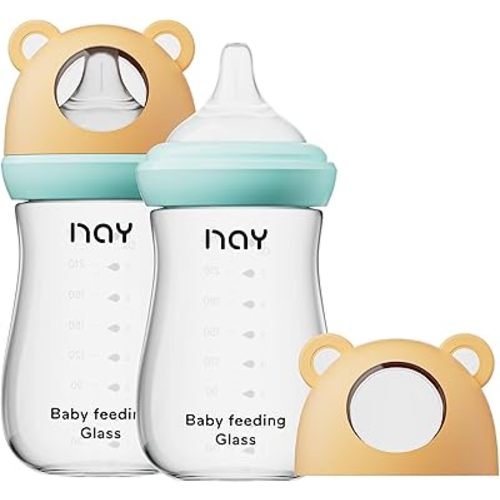 Natural Glass Baby Bottle for Breastfeeding Babies, 8oz Anti-Colic Baby Bottle with Natural Response Nipple(M), Clear, Wide Neck, 2 Pack, 3 Months+