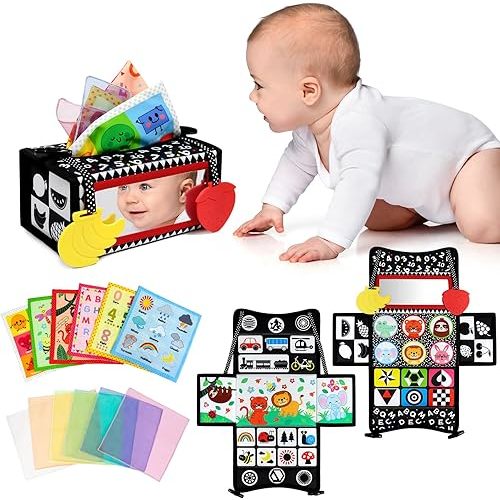 Dr.Rapeti Tummy Time Mirror Toy Tissue Box Toy 3in1 Baby Toy Black and White High Contrast Double-Sided Foldable Sensory Montessori Toy Crinkle Silk Scarves Teethers 0-6 6-12 Month Newborn Infant Baby