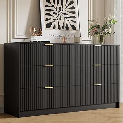 Furniway Black Dresser for Bedroom, Modern Dresser with 6 Drawers and Smooth Slides, Wide Chest of Drawers with Golden Handles for Bedroom, Living Room, Closet, 15.7" D x 55.1" W x 31.4" H