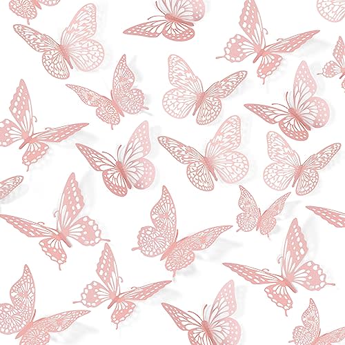 SAOROPEB 3D Butterfly Wall Decor 48 Pcs 4 Styles 3 Sizes, Pink Butterfly Birthday Decorations Pink Room Decor Butterfly Party Decorations Cake Decorations, Removable Wall Stickers (Pink)