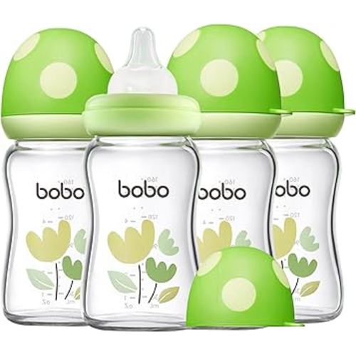 YOHKOH Natural Glass Baby Bottle with Natural Response Nipple, Newborn Anti-Colic Baby Bottles, Wide Neck Mushroom Cap Baby Bottle, Clear (Green, (5.4oz (Pack of 4))