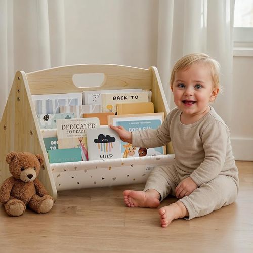 ZICOTO Decorative Wooden Bookshelf with Handle for Kids Rooms - Keeps Books Neatly Organized & Within Reach for Toddlers - Easy Install Montessori Book Shelf for Baby's Bedroom or Playroom Decor