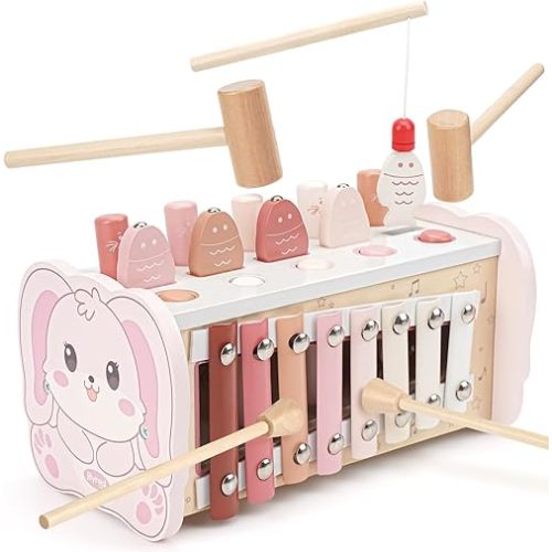 Joyreal Montessori Toys for 1 Year Old Girl Gift - Pink Wooden Hammering Pounding Toy with Xylophone & Fishing Game - Toddler Learning Activities for Kids 1+ 2 3 Year Old Christmas Birthday Gifts