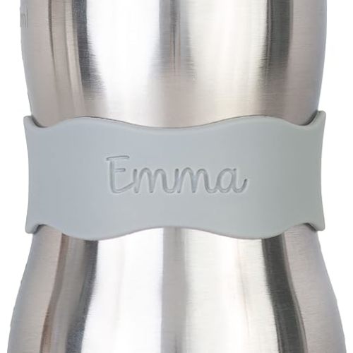 InchBug Orbit Labels - Matching Color Personalization Silicone Baby Bottle & Sippy Cup Bands - Reusable, Dishwasher Safe, Engraved Name Labels for Daycare, 4-Pack (Dolphin Gray)