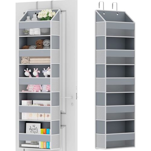 Over The Door Organizer - Over Door Storage Organizer with 5 Large Pockets & 10 Mesh Side Compartments - Heavy-Duty Hanging Storage for Bathroom, Bedroom & Closet - Baby Room Organize - Grey