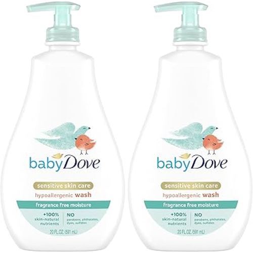 Baby Dove Sensitive Skin Care Baby Wash For Bath Time, Moisture Fragrance Free and Hypoallergenic, Washes Away Bacteria 20 oz (Pack of 2)