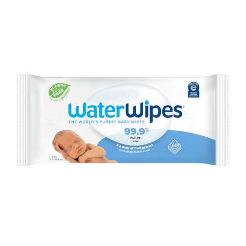 WaterWipes Plastic-Free Original 99.9% Water Based Wipes, Unscented & Hypoallergenic for Sensitive Skin, 60 Count (1 pack)