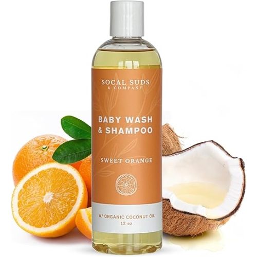 SoCal Suds & Company - 2-in-1 Organic Gel Baby Shampoo & Body Wash - Natural Vitamin Rich Organic Oils Soothing Aloe Cleansing Hair & Castile Soap Body Wash for Sensitive Skin - Sweet Orange, 12oz