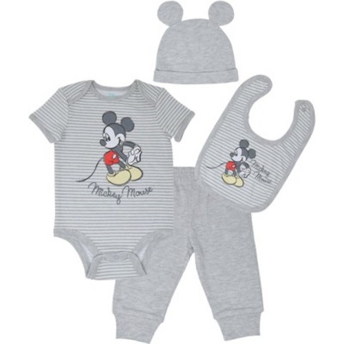 Disney Mickey Mouse Baby Bodysuit Pants Bib and Hat 4 Piece Outfit Set Newborn to Infant, Size: 0-3 months