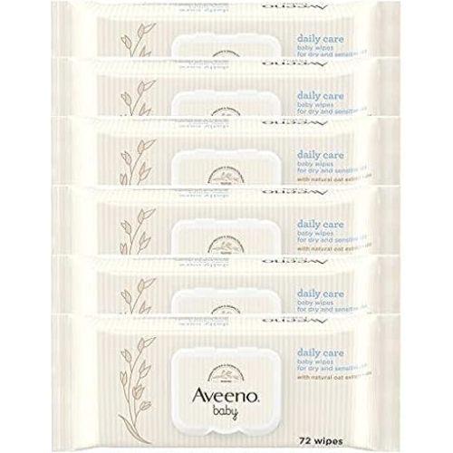AVEENO Baby Daily Care Wipes - Cleanse Gently and Efficiently - Baby Wipes - Baby Essentials - 72 Wipes, Lid On Each Pack, Pack of 6 (432 Wipes in Total)
