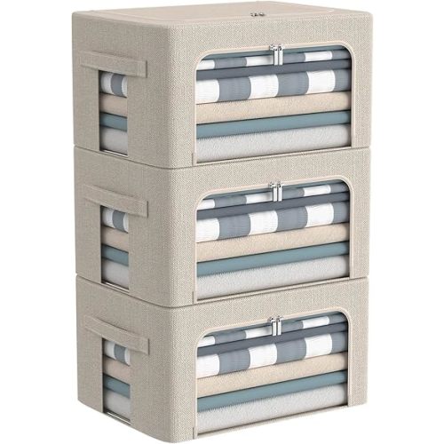 3Pack Foldable Storage Bins - Frame Storage Box Linen Fabric Stackable Clothes Container Organizer with Clear Window & Carry Handles Large Capacity (Small-22L, Beige)