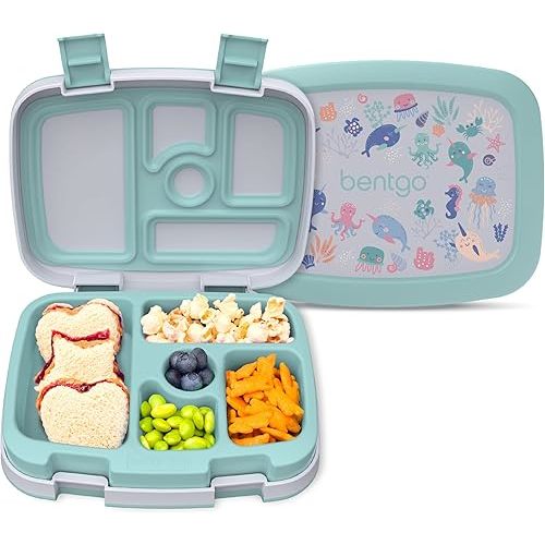 Bentgo Kids Prints Leak-Proof, 5-Compartment Bento-Style Kids Lunch Box - Ideal Portion Sizes for Ages 3-7, Durable, Drop-Proof, Dishwasher Safe, & Made with BPA-Free Materials (Sea Life)