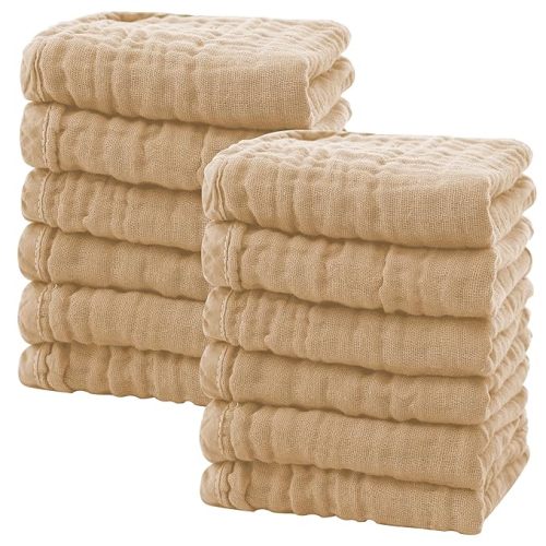 SWEET DOLPHIN 12 Pack Baby Muslin Washcloths - Soft Face Cloths for Newborn, Absorbent Bath Wash Cloths, Wipes, Burp Rag - Toddlers Essentials Stuff, Baby Registry as Shower -10"x10", Brown - 10x10 Inch (Pack of 12)