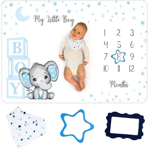 Baby Monthly Milestone Blanket Boy - Premium Extra Soft Fleece Blanket for Baby Shower - Newborn Month for Baby Boy Nursery Decor - Capture Baby Growth - with Baby Bib + 2 Frames
