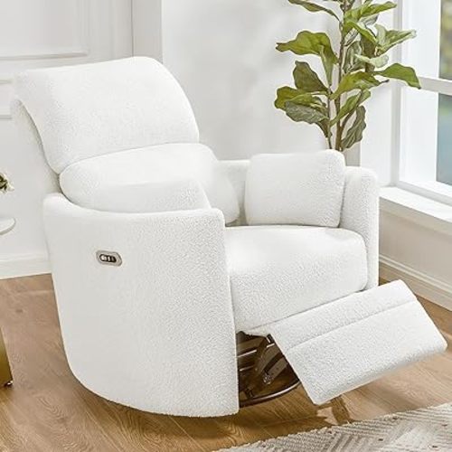 Jocisland Power Recliner Nursery Chair for Adults, Swivel Rocking Glider with 4 Massage Points, USB & Type-C Charge, 2 Pillows, Barrel Armchair Single Sofa for Living Room Bedroom, White Sherpa