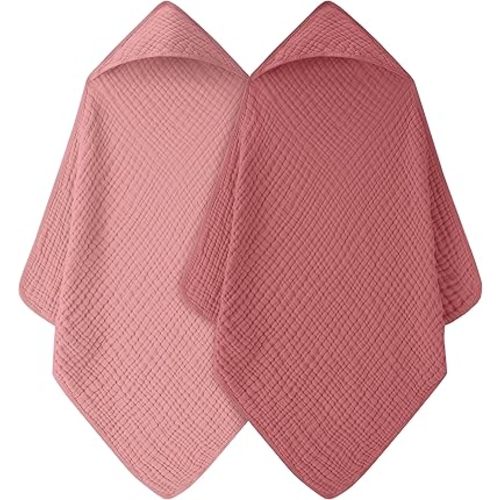Baby Bath Towels, 100% Muslin Cotton Hooded Baby Towels Girl for Newborn, 2 Pack Pink Baby Towels with Hood for Infant Toddler and Kids, Large 32x32Inch, Soft and Absorbent