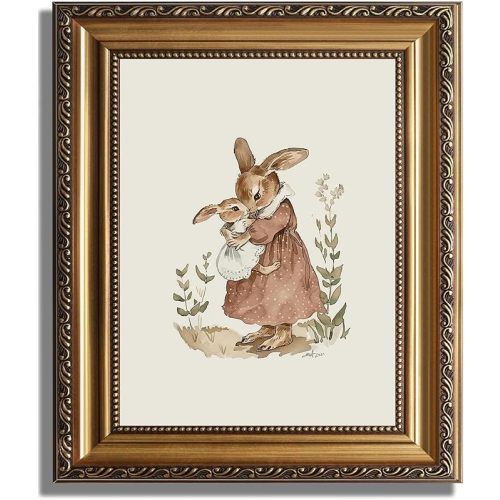 ASTRDECOR Gold Framed Canvas Wall Art, Vintage Bunny Mom and Baby Rabbit Print, Cottagecore Nursery Decor for for Baby Girl Room, Toddler Room or Playroom, 12x16 inch