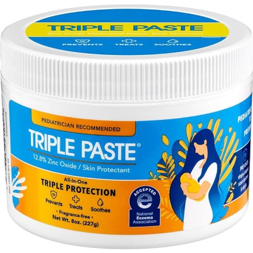 Triple Paste Diaper Rash Cream for Baby - 8 Oz Tub - Zinc Oxide Ointment Treats, Soothes and Prevents Diaper Rash - Pediatrician-Recommended Hypoallergenic Formula with Soothing Botanicals - 8 Ounce