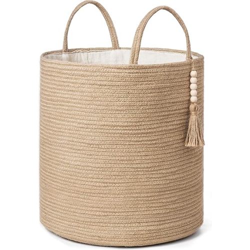 Mkono Tall Wicker Laundry Basket Woven Storage Basket Decorative Natural Rope Basket Wooden Bead Decoration for Blankets,Toys,Clothes,Shoes,Plant Organizer Bin with Handles Living Room 15"Wx17.7"L