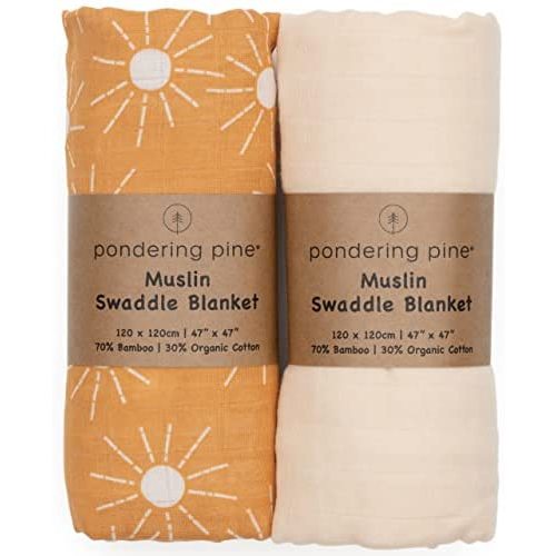 Organic Baby Muslin Swaddle Blankets - Sun and Cream Swaddle Blanket 2 Pack - Soft Organic Cotton and Natural Bamboo Muslin, XLarge and Breathable, Boho Baby, 47" X 47"