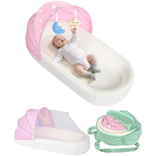 Portable Newborn Nest Lounger-Travel Bassinet,with Canopy & Mosquito Net-Lightweight Foldable Lounger Cotton Cover & Supportive Mattress Washable and Indoor-Outdoor Use (Pink)