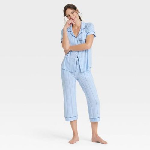 Women's Cloud Knit Short Sleeve Notch Collar Top And Cropped Pants Pajama Set - Auden™ Light Blue Stripe Xs