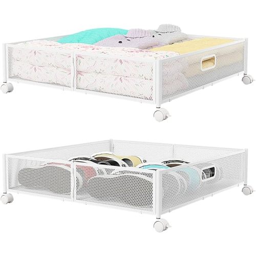 Under Bed Storage Containers with Wheels - Shoe Storage Organizer Drawer, Tool-free Assembly Metal Underbed Storage Containers for Bedroom Clothes, Shoes, Blankets - 2Pack
