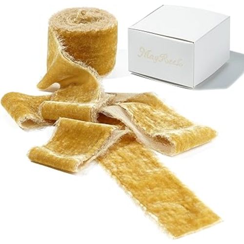 MAYREEL Gold Velvet Ribbon 2 Inch x 3 Yards Frayed Edge Silk Velvet Ribbon Hand Torn Gold Ribbon with Raw Edge for Bridal Bouquet, Invitations, Wedding, Vow Books, Gift Basket, Hair Bows