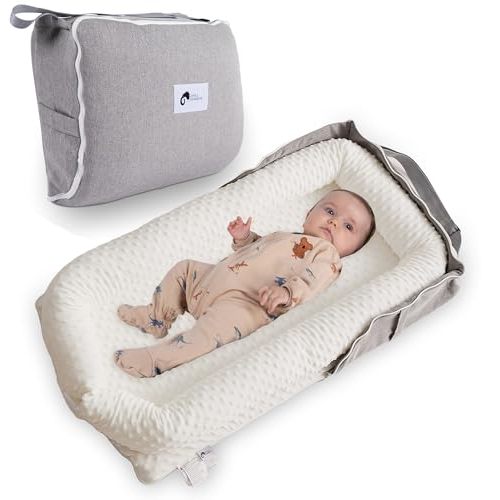 Joyful Journeys Baby Lounger Diaper Bag - Portable Baby Lounger Nest | Versatile Infant Lounger Bag & Diaper Organizer | Cozy Baby Lounger Nest for Convenience (White Minky)