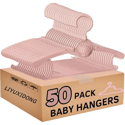 Baby Nursery Closet Hangers, 360° Swivel Hook Kids Hanger, Non-Slip Plastic Infant Hanger, 50pcs Nude Pink 11-14.5" Adjustable Baby Clothes Hangers for Girl Boy Toddler