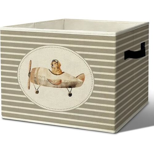 Rustic Golden Retriever Airplane Storage Bins & Boxes with Handles, Toys Books Clothes Kids, Grey Striped Nursery Foldable Basket for Organizing Bedroom Kids Toddler Room Playroom