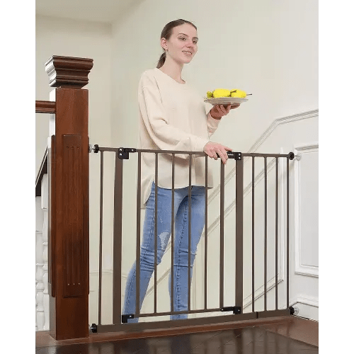 InnoTruth 28.9-42.1" Wide Baby Gate for Stairs, 30" Tall Dog Gates for Doorways Expandable One-Hand Open, Easy Walk Through Dual Lock Metal Pet Gates for Dogs, Brown-Family & Mom's Choice Award Winner
