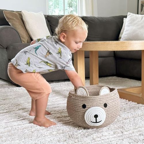 CherryNow Cotton Rope Basket Baby Basket for Nursery, Bear Gift Basket for Kids, Empty Baby Shower Basket with Handles, Small Cute Animal Basket, Light Brown, 10.5"D x 8.5"H
