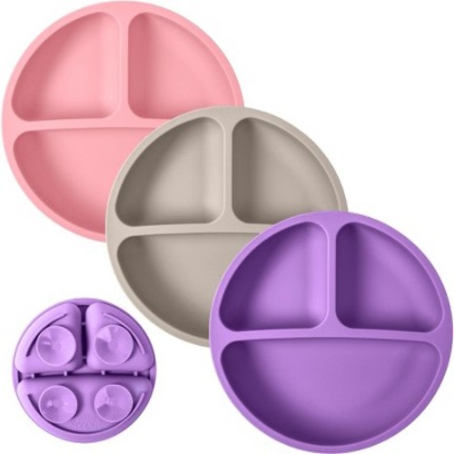 WeeSprout Suction Plates for Babies & Toddlers 100% Silicone Divided Design - No Lids, 3 Pack