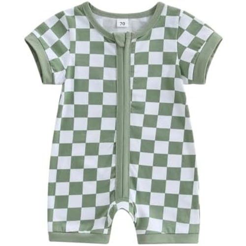 Newborn Baby Boy Girl Clothes Checkered Plaid Short Sleeve Zipper Romper Jumpsuit One Piece Bodysuit Summer Outfit