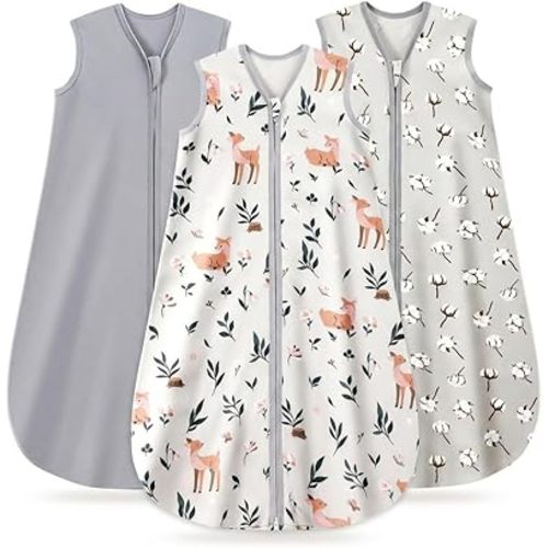 3 Pack Baby Sleep Sack 0-6 Months 100% Organic Cotton, 0.5 TOG Lightweight Wearable Blanket, 2-Way Zipper Sleeping Bag, Cotton&Fawn&Grey