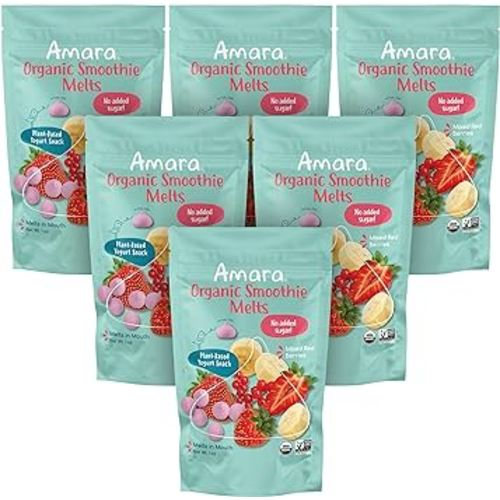 Amara Smoothie Melts - Mixed Red Berries - Baby Snacks Made With Fruits and Vegetables - Healthy Toddler Snacks For Your Kids Lunch Box - Organic Plant Based Yogurt Melts - 6 Resealable Bags
