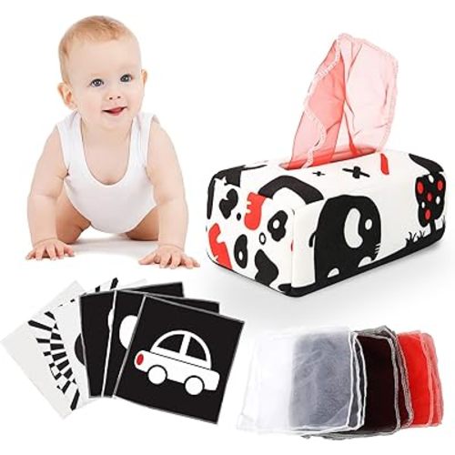 Baby Toys 6 to 12 Months - Baby Tissue Box Toy - Montessori Toys for 1 Year Old, Soft Stuffed&High Contrast Crinkle Infant Sensory Toys, Girls&Boys Early Learning Toys, Toddler Travel Toys, Baby Gifts