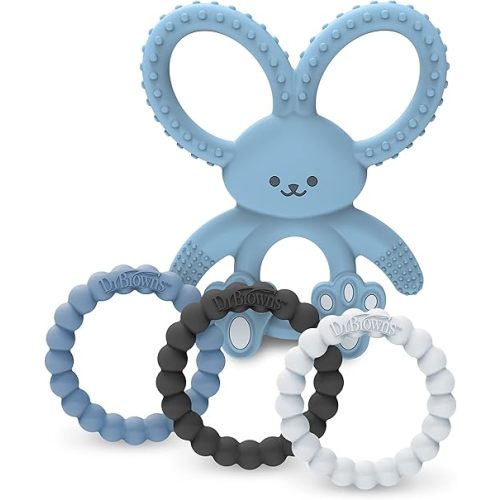 Dr. Brown’s Flexees Beaded Teether Rings and Bunny Teether, 100% Silicone, Soft & Easy to Hold, Encourages Self-Soothe, 4-Pack, Blue, Light Blue, Black, BPA Free, 3m+