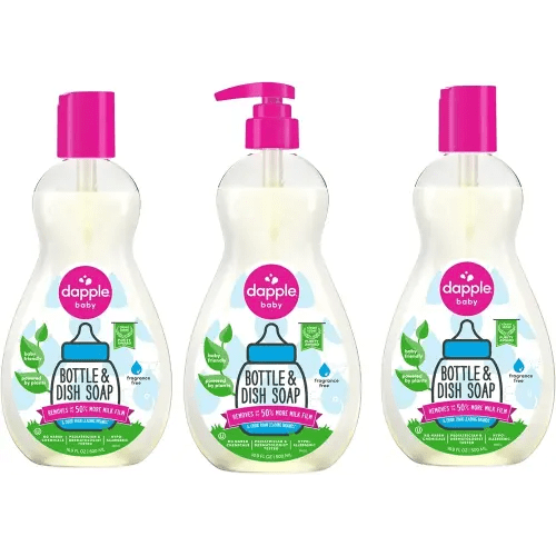 Dapple Baby Fragrance Free Bottle & Dish Soap - (3 Pack) 16.9 fl oz - Cleans Baby Bottles, Sippy Cups, Pacifiers, Breast Pumps, & More - Gently Removes Milk Film & Odors - Includes 1 Pump