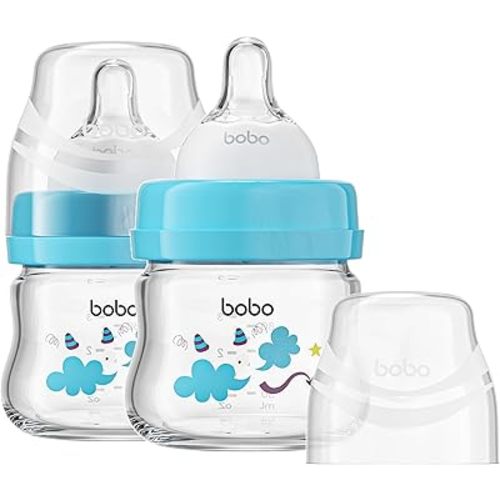 YOHKOH Glass Baby Bottles with Slow Flow Nipple, Newborn Anti-Colic Baby Bottles for 0+ Months, Wide Neck Feeding Bottle, Clear (Blue, 2.7oz (Pack of 2))