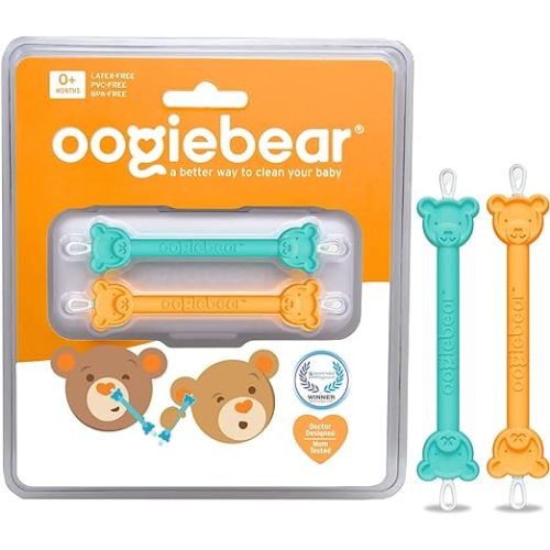 oogiebear: Baby Nose Cleaner & Ear Wax Removal Tool - Safe Booger & Earwax Removal for Newborns, Infants, Toddlers - Dual-Ended - Essential Baby Stuff, Diaper Bag Must-Have, Orange & Seafoam with case