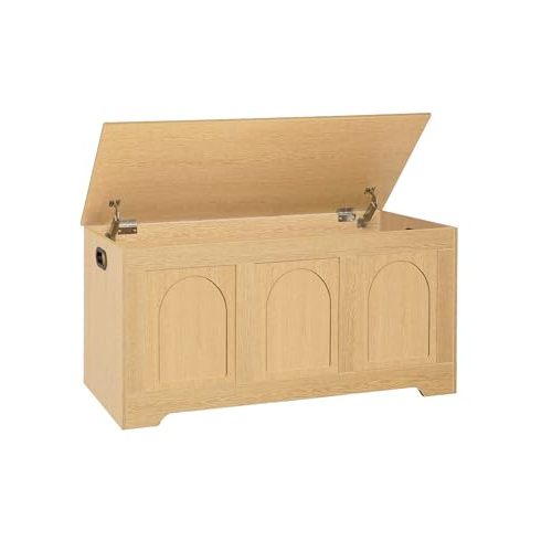 DINZI LVJ Storage Chest, 39.4”Wooden Storage Box with 2 Safety Hinges, Entryway Shoe Bench with Flip-Top, Trunk for Living Room, Bedroom, Easy Assembly, Natural