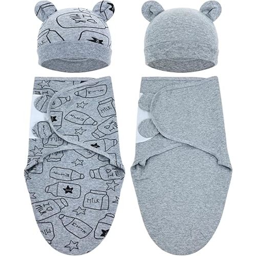 Cinaci 2 Pack Adjustable Soft Cotton Blend Newborn Baby Receiving Swaddle Blankets Sleep Sacks with Nursery Hats Caps Beanies Bonnets for Baby Girls Boys Newborns Infants